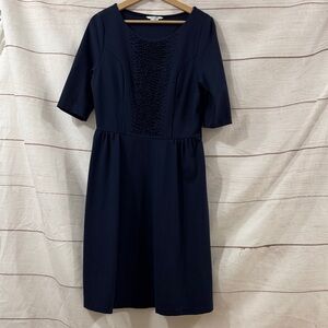 Women's Boden work cocktail beaded a line knee length dress navy  blue 12 Long